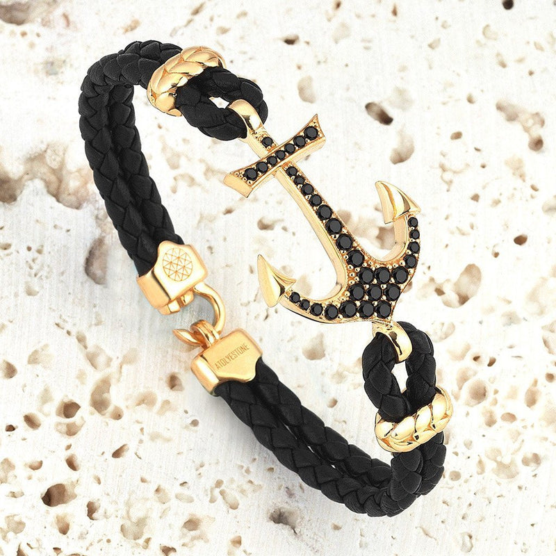 Atolyestone Bracelet - 18K YELLOW GOLD ANCHOR BLACK LEATHER